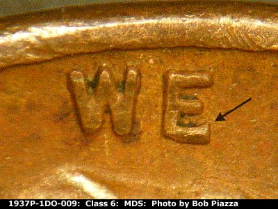 Die-stage B marker on 1937P•1DO•009 (1937 Doubled Die Obverse).