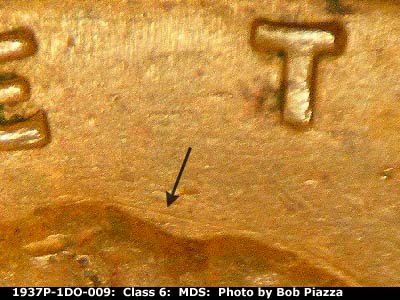 Die-stage B marker on 1937P•1DO•009 (1937 Doubled Die Obverse).
