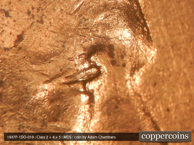 Die-stage B marker on 1937P•1DO•010 (1937 Doubled Die Obverse).