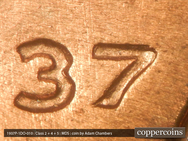 Die-stage B marker on 1937P•1DO•010 (1937 Doubled Die Obverse).