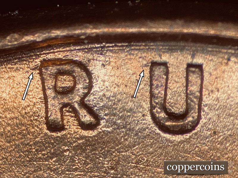 Die-stage B marker on 1937P•1DO•011 (1937 Doubled Die Obverse).