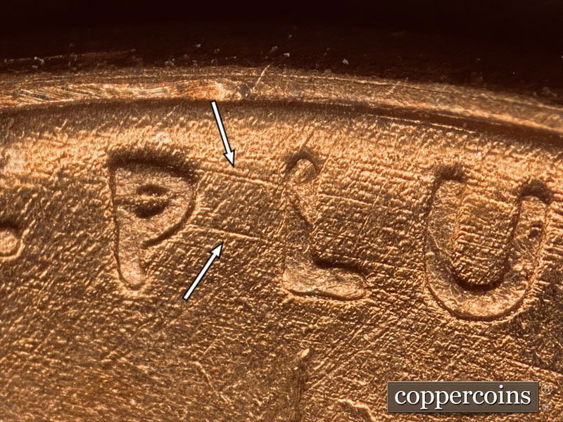 Die-stage B marker on 1937P•1DO•011 (1937 Doubled Die Obverse).