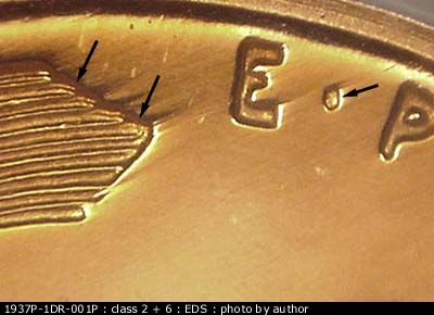 Die-stage A marker on 1937P•1DR•001P showing Strong doubling shows on the outside of the left wheat and in the lettering and dots.
