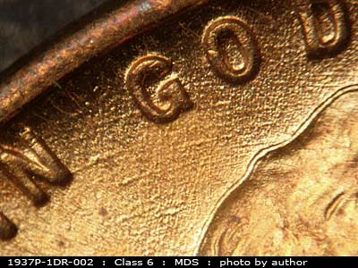 Die-stage B marker on 1937P•1DR•002 (1937 Doubled Die Reverse).