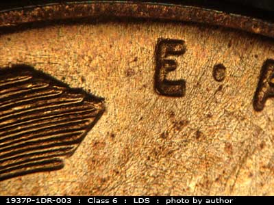 Die-stage C marker on 1937P•1DR•003 (1937 Doubled Die Reverse).