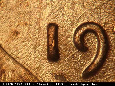 Die-stage C marker on 1937P•1DR•003 (1937 Doubled Die Reverse).