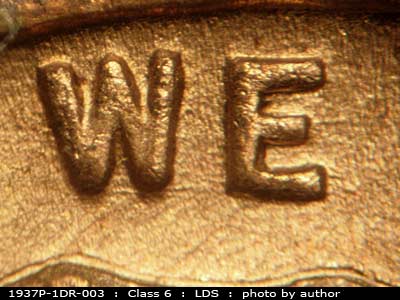 Die-stage C marker on 1937P•1DR•003 (1937 Doubled Die Reverse).