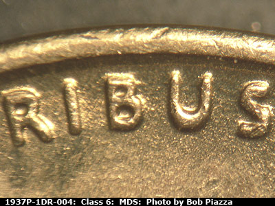 Die-stage B marker on 1937P•1DR•004 (1937 Doubled Die Reverse).