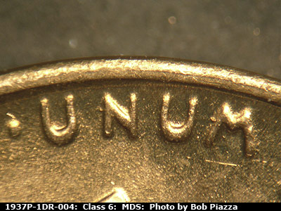 Die-stage B marker on 1937P•1DR•004 (1937 Doubled Die Reverse).