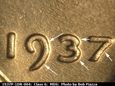 Die-stage B marker on 1937P•1DR•004 (1937 Doubled Die Reverse).