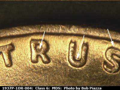 Die-stage B marker on 1937P•1DR•004 (1937 Doubled Die Reverse).