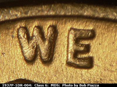 Die-stage B marker on 1937P•1DR•004 (1937 Doubled Die Reverse).