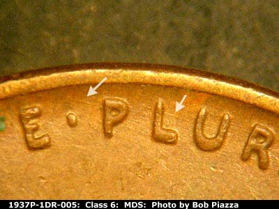 Die-stage B marker on 1937P•1DR•005 (1937 Doubled Die Reverse).