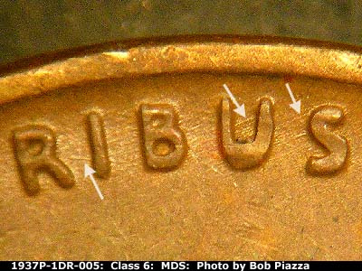 Die-stage B marker on 1937P•1DR•005 (1937 Doubled Die Reverse).