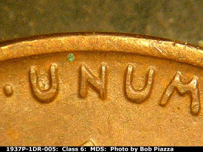 Die-stage B marker on 1937P•1DR•005 (1937 Doubled Die Reverse).