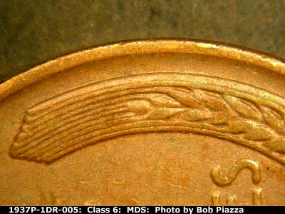 Die-stage B marker on 1937P•1DR•005 (1937 Doubled Die Reverse).