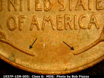 Die-stage B marker on 1937P•1DR•005 (1937 Doubled Die Reverse).