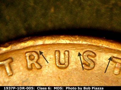 Die-stage B marker on 1937P•1DR•005 (1937 Doubled Die Reverse).