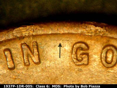 Die-stage B marker on 1937P•1DR•005 (1937 Doubled Die Reverse).