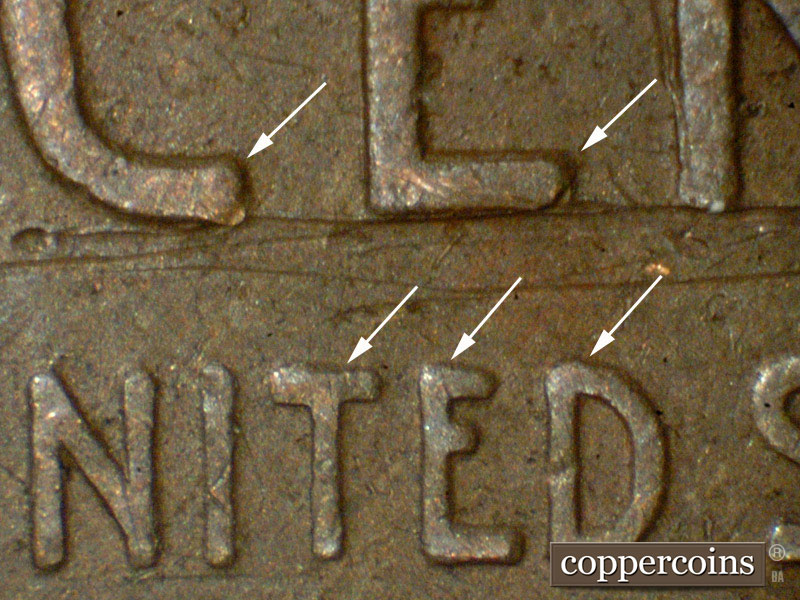 Die-stage C marker on 1937P•1DR•006 (1937 Doubled Die Reverse).