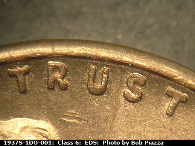 Die-stage A marker on 1937S•1DO•001 (1937 Doubled Die Obverse).