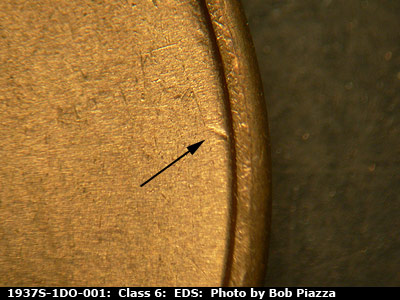 Die-stage A marker on 1937S•1DO•001 (1937 Doubled Die Obverse).
