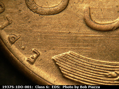 Die-stage A marker on 1937S•1DO•001 (1937 Doubled Die Obverse).