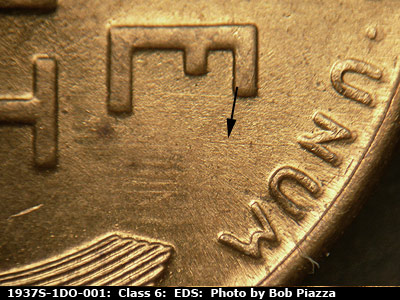 Die-stage A marker on 1937S•1DO•001 (1937 Doubled Die Obverse).
