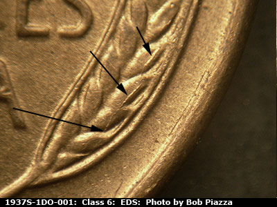 Die-stage A marker on 1937S•1DO•001 (1937 Doubled Die Obverse).