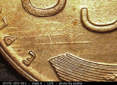 Die-stage C marker on 1937S•1DO•001 (1937 Doubled Die Obverse).
