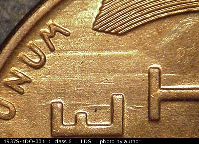 Die-stage C marker on 1937S•1DO•001 (1937 Doubled Die Obverse).