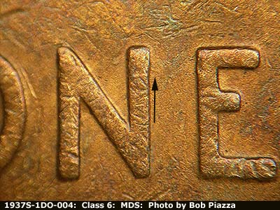 Die-stage B marker on 1937S•1DO•004 (1937 Doubled Die Obverse).
