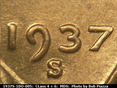 Die-stage B marker on 1937S•1DO•005 (1937 Doubled Die Obverse).