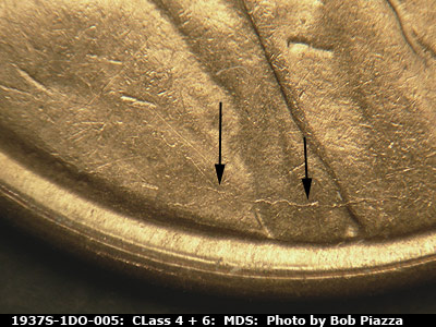 Die-stage B marker on 1937S•1DO•005 (1937 Doubled Die Obverse).