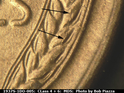 Die-stage B marker on 1937S•1DO•005 (1937 Doubled Die Obverse).