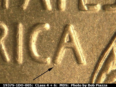 Die-stage B marker on 1937S•1DO•005 (1937 Doubled Die Obverse).