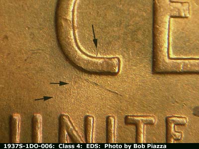 Die-stage A marker on 1937S•1DO•006 (1937 Doubled Die Obverse).