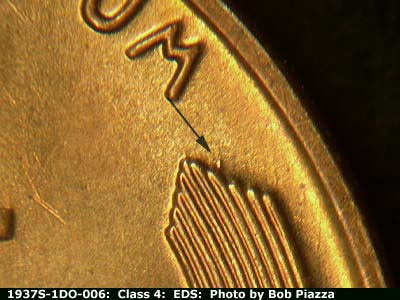 Die-stage A marker on 1937S•1DO•006 (1937 Doubled Die Obverse).