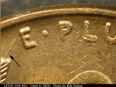 Die-stage B marker on 1937S•1DR•001 (1937 Doubled Die Reverse).