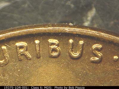 Die-stage B marker on 1937S•1DR•001 (1937 Doubled Die Reverse).