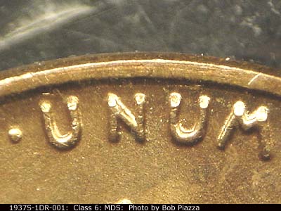 Die-stage B marker on 1937S•1DR•001 (1937 Doubled Die Reverse).