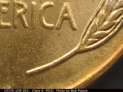 Die-stage B marker on 1937S•1DR•001 (1937 Doubled Die Reverse).