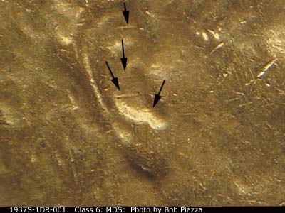 Die-stage B marker on 1937S•1DR•001 (1937 Doubled Die Reverse).