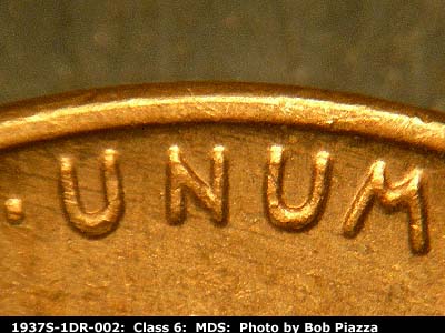 Die-stage B marker on 1937S•1DR•002 (1937 Doubled Die Reverse).