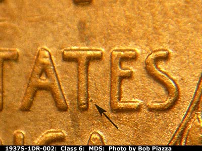 Die-stage B marker on 1937S•1DR•002 (1937 Doubled Die Reverse).