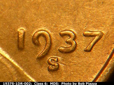 Die-stage B marker on 1937S•1DR•002 (1937 Doubled Die Reverse).