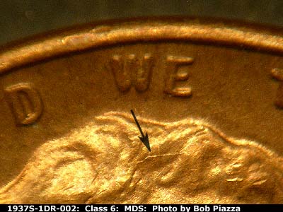 Die-stage B marker on 1937S•1DR•002 (1937 Doubled Die Reverse).