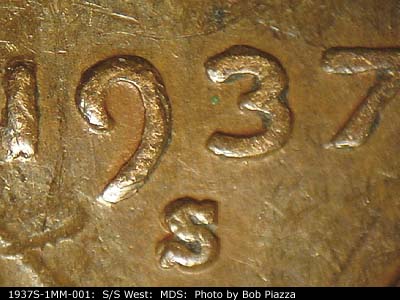 1937 Lincoln cent obverse, CopperCoins die 1937S•1MM•001.