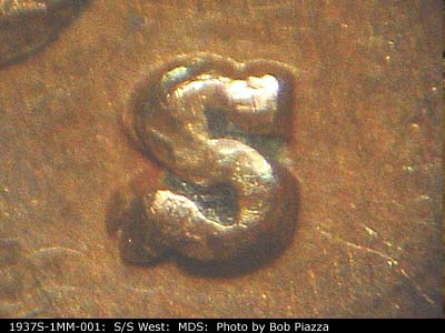 Die-stage B marker on 1937S•1MM•001 (1937 Repunched Mint Mark).