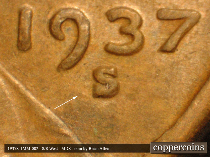 1937 Lincoln cent obverse, CopperCoins die 1937S•1MM•002.